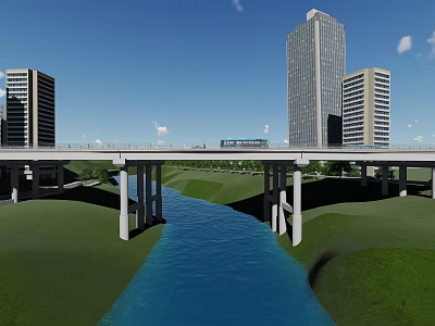 Modern Bridge Over River With Tall Buildings Green Grass And Blue Sky 3d model