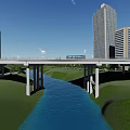 Modern Bridge Over River With Tall Buildings Green Grass And Blue Sky