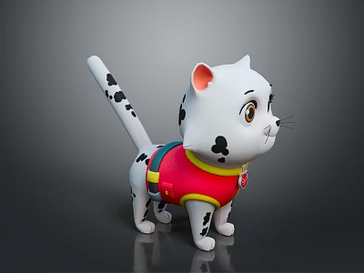 Cute White Cartoon Cat Plush Toy With Black Spots And Red Yellow Vest 3d model