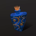 Decorative Blue Bottle with Gold Swirl Patterns and Wooden Cork Top