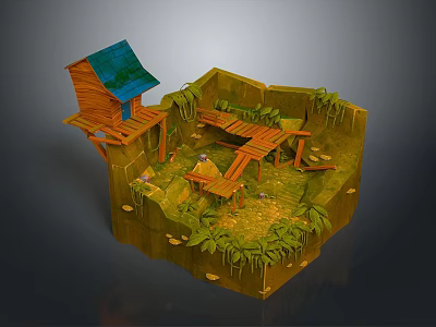Cartoon Scene with Wooden Hut Blue Roof Wooden Bridge Small Table Chairs and Green Foliage 3d model