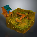Cartoon Scene with Wooden Hut Blue Roof Wooden Bridge Small Table Chairs and Green Foliage