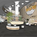 Modern Mall Interior With Curved Staircase Green Plants And Circular Seating Area