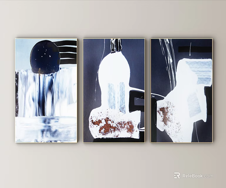 Modern Abstract Paintings Set of Three with Black White Blue Brown Colors for Wall Decor 3d model 