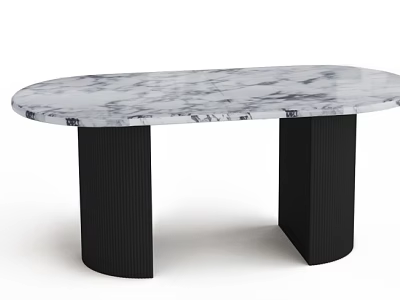Oval Marble Top Dining Table With Black Vertical Striped Column Legs 3d model