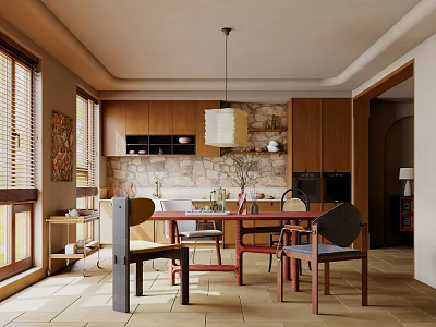 Modern Middle Ancient Style Restaurant Solid Wood Rectangular Dining Table Art Leisure Dining Chair Single Chair Ornaments Combination 3d model