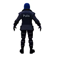 Man wearing dark blue uniform with Polizei blue helmet and face mask as police officer