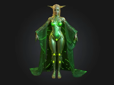 3D Fantasy Female Elf Character With Green Glowing Cape Outfit And Pointed Ears 3d model