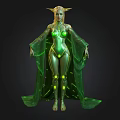 3D Fantasy Female Elf Character With Green Glowing Cape Outfit And Pointed Ears