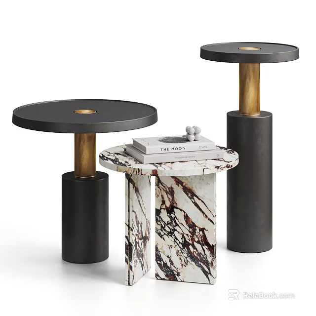 Stylish Modern Side Tables Featuring Black Tops Gold Legs and Marble Surfaces 3d model