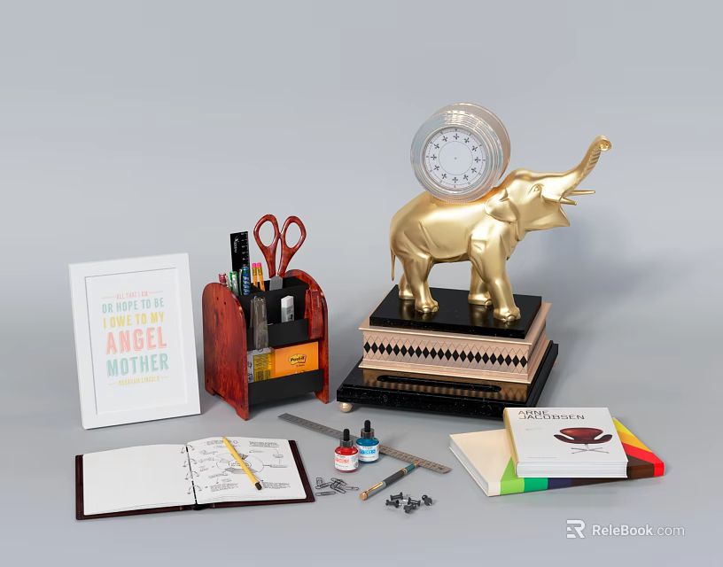 Golden Elephant Clock Decor With Stationery Organizer Notebook And Angel Mother Card 3d model 