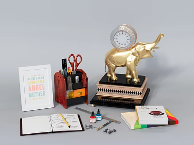 Golden Elephant Clock Decor With Stationery Organizer Notebook And Angel Mother Card 3d model