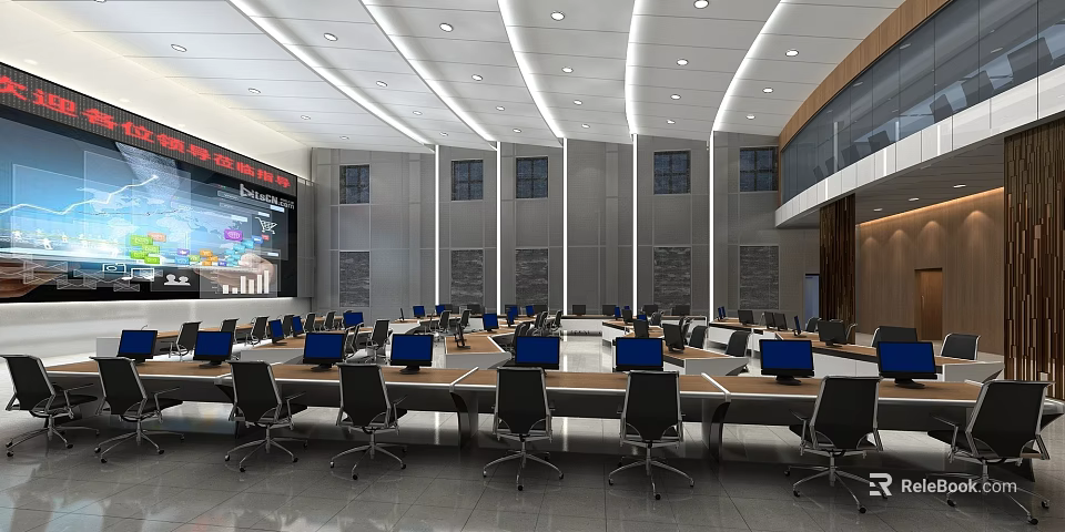Modern Monitoring Room Interior With Multiple Computer Monitors Control Desks And Chairs 3d model 