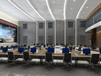 Modern Monitoring Room Interior With Multiple Computer Monitors Control Desks And Chairs 3d model