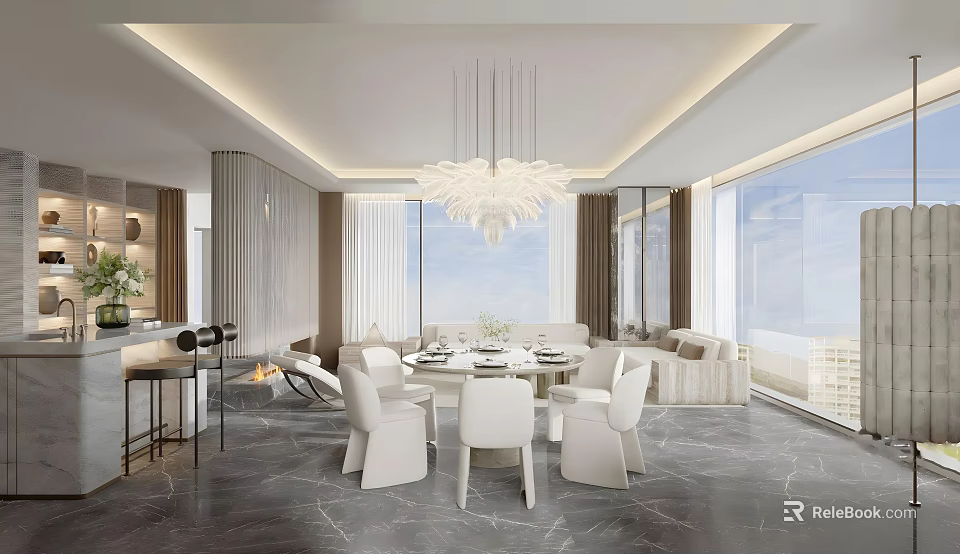 Light Luxury Open Concept Living And Dining Room With Large Panoramic Floor Windows And Chandelier 3d model 