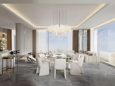 Light Luxury Open Concept Living And Dining Room With Large Panoramic Floor Windows And Chandelier 3d model