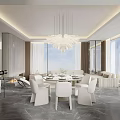 Light Luxury Open Concept Living And Dining Room With Large Panoramic Floor Windows And Chandelier