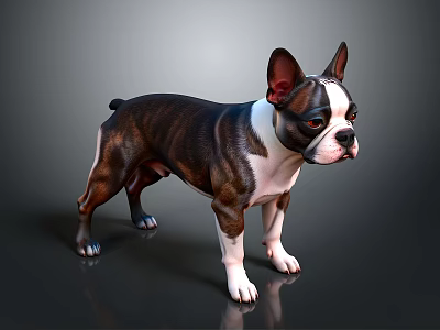 Boston Terrier Dog With Brown Black And White Coat Standing On Shiny Floor 3d model