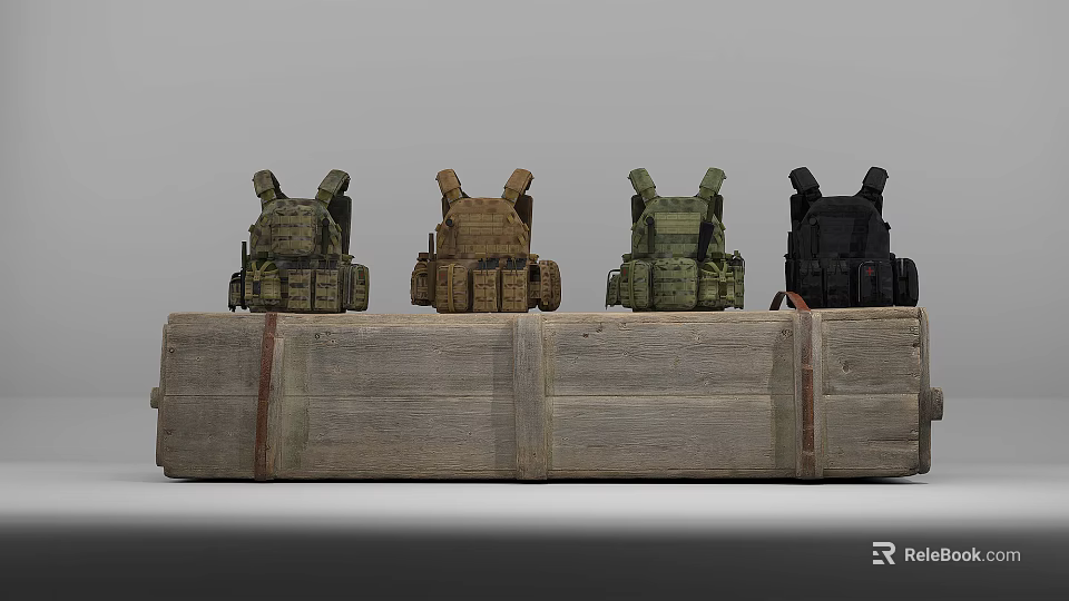 Tactical Military Vests In Four Colors Placed On Wooden Crate 3d model 
