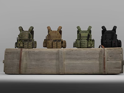 Tactical Military Vests In Four Colors Placed On Wooden Crate 3d model