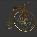 Red Vintage Bicycle With Large Front Wheel Small Rear Wheel And Brown Seat