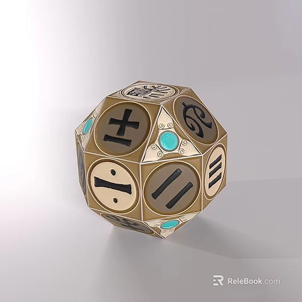 Golden Polyhedral Die With Blue Accent Stones And Various Symbols On Faces 3d model 