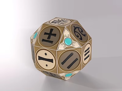 Golden Polyhedral Die With Blue Accent Stones And Various Symbols On Faces 3d model