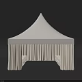 White Pointed Roof Tent With Hanging Side Curtains And Drapery Design