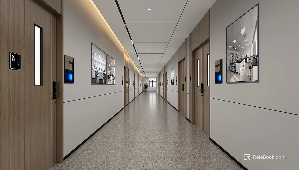 Modern Office Corridor With White Walls Wooden Doors Framed Pictures Soft Lighting And Gray Flooring 3d model 