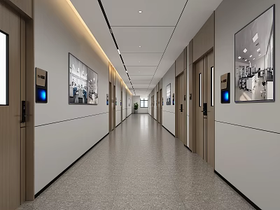 Modern Office Corridor With White Walls Wooden Doors Framed Pictures Soft Lighting And Gray Flooring 3d model