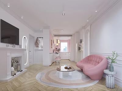 Modern Living Dining Room Interior With Pink Sofa Round Rug Fireplace TV Wall And Chandelier 3d model