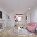 Modern Living Dining Room Interior With Pink Sofa Round Rug Fireplace TV Wall And Chandelier