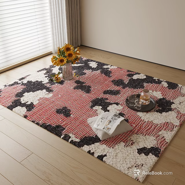 Red Black White Floral Pattern Square Area Rug With Sunflower Vase Tray On Wooden Floor 3d model 