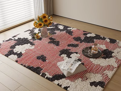 Red Black White Floral Pattern Square Area Rug With Sunflower Vase Tray On Wooden Floor 3d model