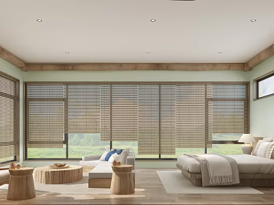 Cozy Modern Hotel Room Interior With Large Windows Comfortable Bed And Wooden Furniture 3d model