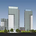 Modern Commercial Street Featuring Retail Shops Pedestrians Benches Fountains and Greenery