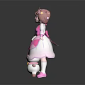 Game Movie Character With Pink Pigtails Star Decorations Diamond Patterned Dress And White Cat Companion
