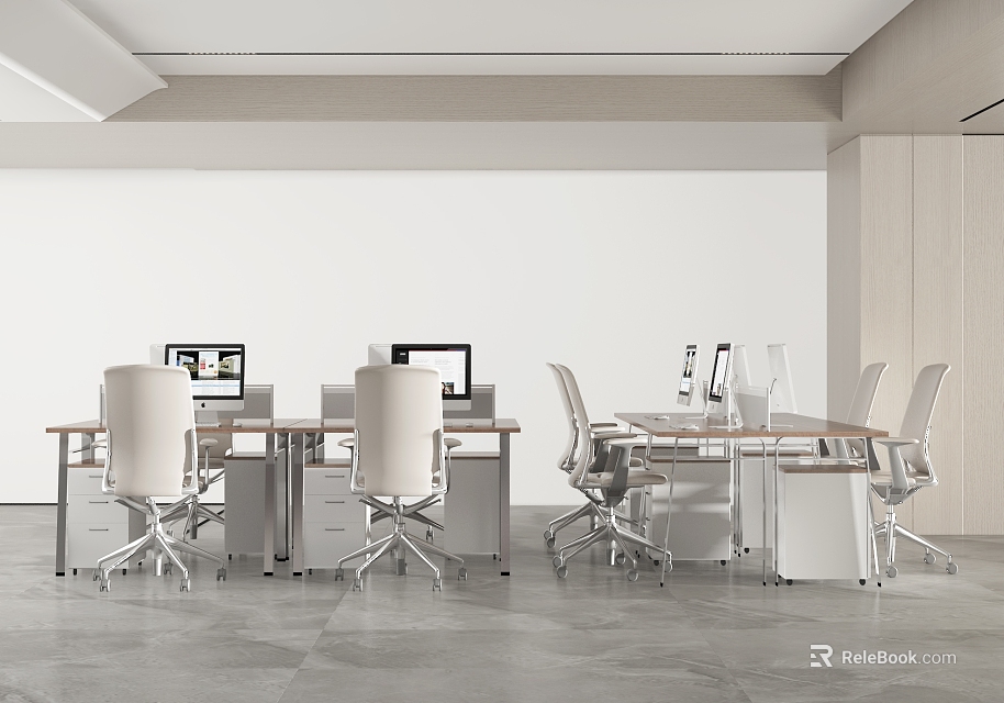 Modern Office Desk Setup In Open Workspace With Ergonomic Chairs And Computer Monitors 3d model 