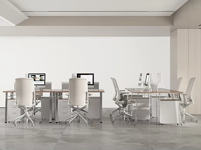 Modern Office Desk Setup In Open Workspace With Ergonomic Chairs And Computer Monitors 3d model