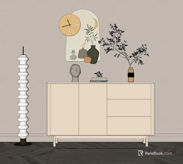 Beige Entryway Console Table With Decorative Items Wall Clock Moon Decor And Floor Lamp 3d model