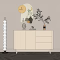 Beige Entryway Console Table With Decorative Items Wall Clock Moon Decor And Floor Lamp 3d model