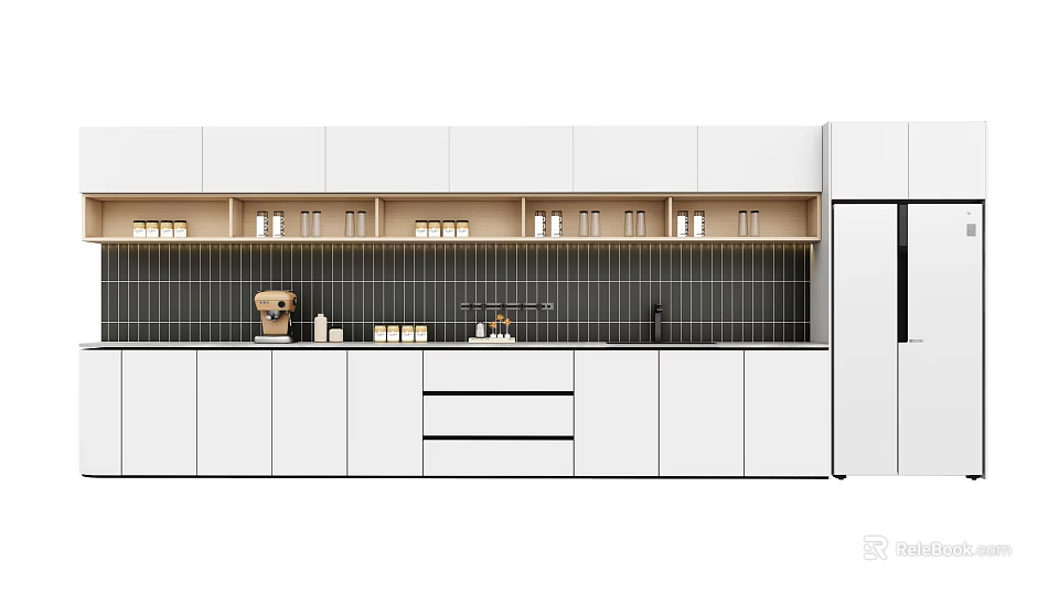 Modern Kitchen Interior With White Wall Cabinets Black Tile Backsplash And Countertop 3d model