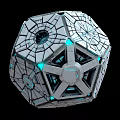 Cartoon Scene Featuring Geometric Polyhedron With Grid Pattern And Blue Glowing Points 3d model
