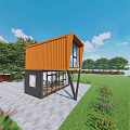 Two Story Orange Container Building with Large Windows Terrace Staircase and Green Lawn