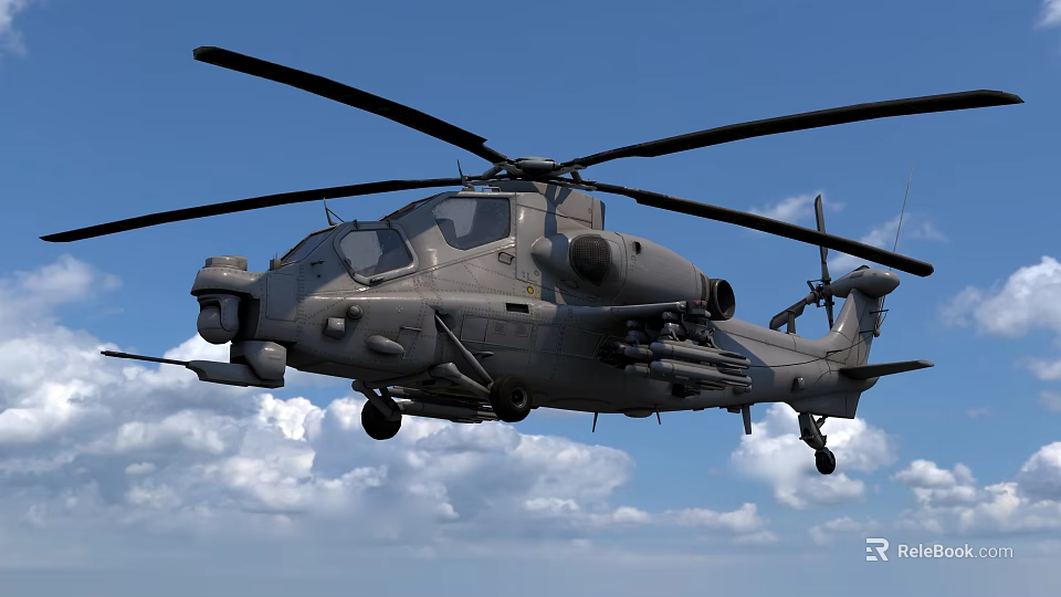 Gray Military Attack Helicopter Flying In Blue Sky With White Clouds And Weapon Systems 3d model 