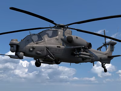 Gray Military Attack Helicopter Flying In Blue Sky With White Clouds And Weapon Systems 3d model