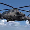 Gray Military Attack Helicopter Flying In Blue Sky With White Clouds And Weapon Systems