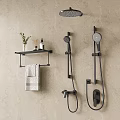 Black Modern Shower System with Shelf Towel Rack and Handheld Sprayer in Bathroom Interior