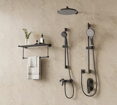 Black Modern Shower System with Shelf Towel Rack and Handheld Sprayer in Bathroom Interior 3d model