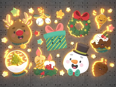 Festive Christmas Decorative Elements With Reindeer Wreath Gift Box Snowman And Cake 3d model